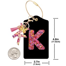 Initial Luggage Tag for Suitcase, Crystal Letter with Tassel Butterfly Keychains Leather Bag Tags, Identifiers Privacy Cover ID Label with Durable Steel Loop for Women Men Kids Travel, Pink Letter K