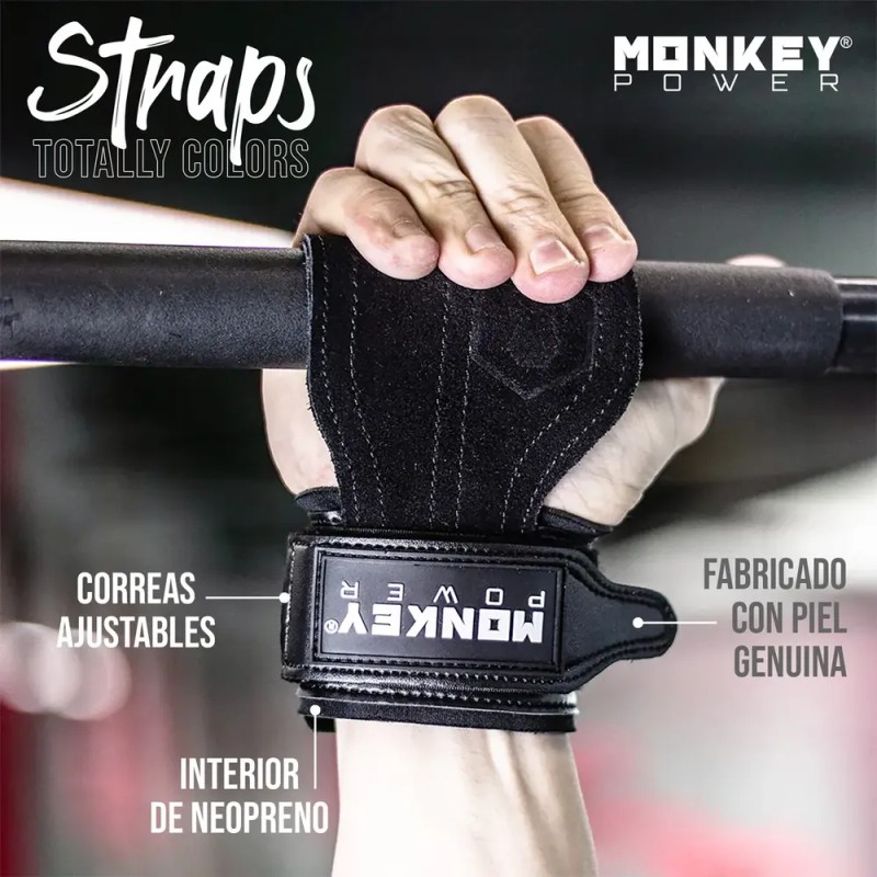Straps Gym En Piel Callera Mayor Agarre Monkey Power Negro
