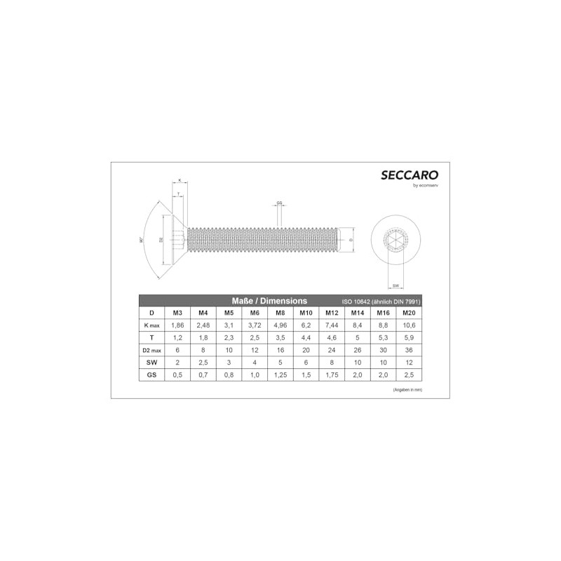 SECCARO Countersunk Screw M5 x 12mm Stainless Steel V2A VA