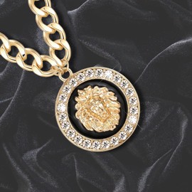 Aononu Hip Hop Statement Lion Head Round Pendant Necklace Women's Chunky Chain Crystal Choker Punk Costume Cocktail Jewelry