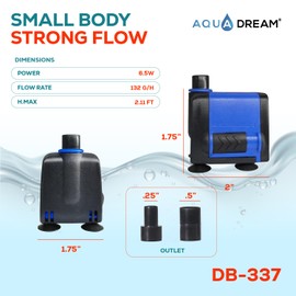 Aqua Dream 133 GPH Submersible Pump(500/H,6.5W) Ultra Quiet Adjustable Water Pump For Pond,Aquarium,Fish Tank,Fountain,Hydroponics,Statuary - 1 Pc