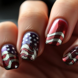 Independence Day Press on Nails Short Square False Nails with Red Blue American Flag Designs Glitter Fake Nails Full Cover Stick on Nails 4th of July Acrylic Nails for Women Girls Manicure 24Pcs