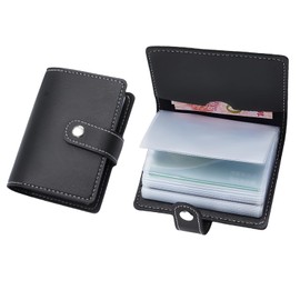 Leather Card Holder Credit Debit Business Bank ID Cardholder Compact Wallet with Plastic Insert Sleeves Case Pocket Small Cardholder RFID Blocking Card Holders for Men Women Black