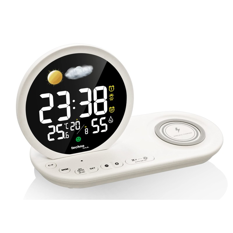 Technoline WT 427 LED-Wecker mit drahtloser Ladefunktion und USB-Ladeanschluss Weiß