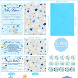Pajean 25 Set Baby Shower Elephant Invitations for Boy with Envelopes Diaper Raffle Tickets and Baby Shower Book Request Cards 2 Sheet Elephant Stickers for Boys Girls Gender Reveal Party Supplies