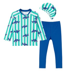 Ozkiz UV Protection with Kids' Shark Swimwear Set – Long Sleeve Rashguard, Stretchy Leggings, Matching Swim Cap (Blue, 4)