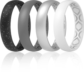 ThunderFit - Alianza de boda de silicona para mujer, transpirable, con ranuras de aireación, 4 mm de ancho, 1.5 mm de grosor, 12 anillos/8 anillos/4 anillos/1 anillo, Negro con purpurina plateada, plata, gris, blanco., 10.5 - 11 (20.6mm)