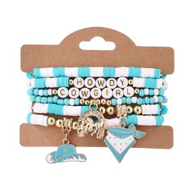 KZL Surfer Heishi Bracelets Set for Women Western Cowgirl Beaded Stretch Bracelet Bohemian Hat Boots Beer Bottle Disco Ball Stackable Charm Bracelets Summer Beach Jewelry -Set 6