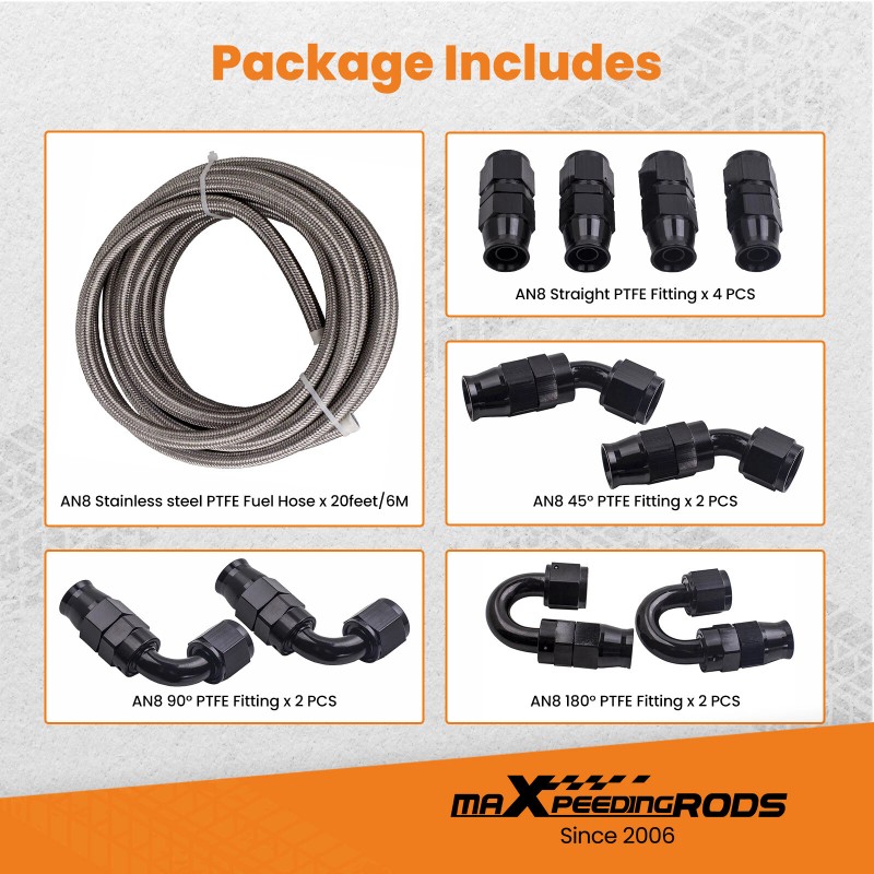 BFO 8AN 20FT Fuel Line Kits Fittings E85 PTFE Steel