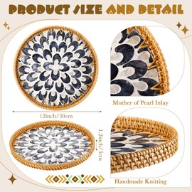 Tiangrid 3 Pcs Round Rattan Tray with Mother of Pearl Inlay Wicker Serving Tray with Wooden Base Boho Decorative Wicker Basket for Table Decor Bathroom Candle Perfume(Modern Style)