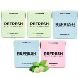 Refresh Gum, Xylitol, Natural, Sugar Free, Chewing Gum, Plastic Free, Natural Flavors & Organic Ingredients, Non GMO, Gluten Free, Vegan, 12 Count (Pack of 5), Variety Pack