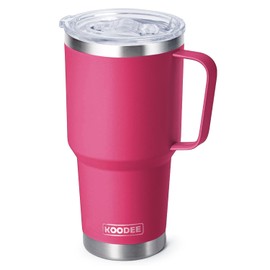 koodee 30 oz Tumbler with Lid and Straw, Stainless Steel Double Wall Insulated Travel Mug Water Tumbler with Handle (Pink Red)
