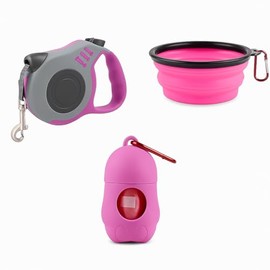 4-in-1 Retractable Dog Leash Set Includes Waste Bag Dispenser, Refill Bags & Collapsible Water Bowl Heavy Duty Nylon Leash with One-Hand Lock, Anti-Slip Grip for Small to Medium Pets (Gray and Pink)