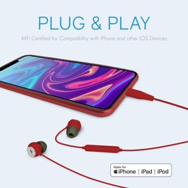 Realm Lightning - Auriculares con certificación Apple MFi, Auriculares intrauditivos con Conector Lightning, micrófono Integrado, Llamadas Manos Libres y Controles de Pista, Rojo