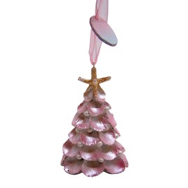 Pink Resin Seashell Christmas Tree Ornament with Starfish Topper, Nautical Theme Holiday Decor, 4.5 Inches Tall