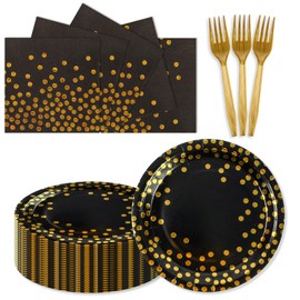 150PCS Paper Plates and Napkins Set - Black and Gold Dot Disposable Party Dinnerware Includes Paper Plates, Napkins, Forks Decorations for Birthdays, Graduations, Weddings and Holidays, Serves 50