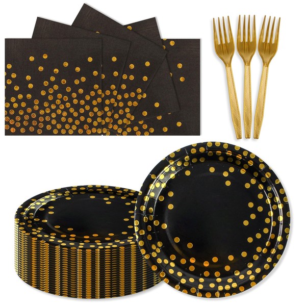 150PCS Paper Plates and Napkins Set - Black and Gold