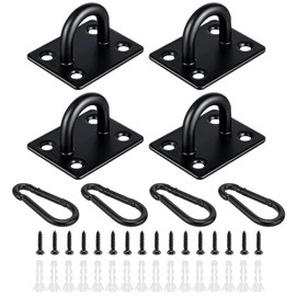 TongWey Ceiling Hook Eye Plate Hanging Hardware Wall Hook U Shape 304 Stainless Steel Corrosion Resistant Rust High Strength for Installation(4 Pad Eyes+4 Carabiners+Matching Screws) (Black)