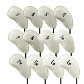 Scott Edward 12pcs Thick Synthetic PU Leather Golf Iron Head Covers Set Headcovers Protective Cover with Embroidered Number Tags Fit Most Brands, White