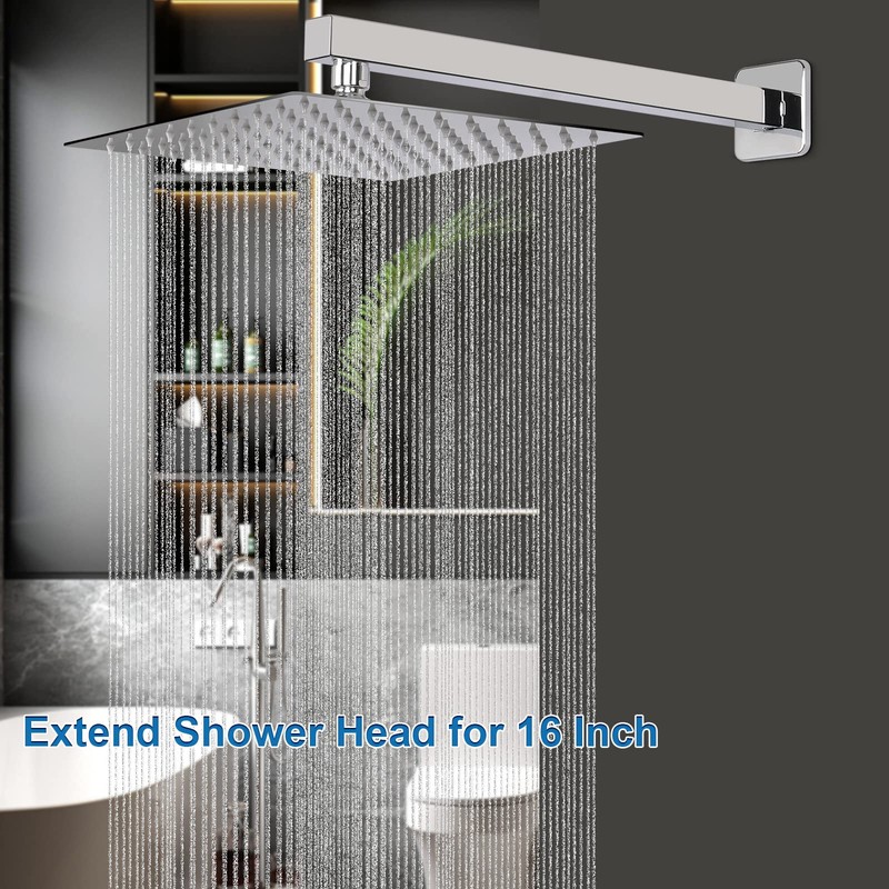 HarJue Shower Head with Extension Arm, High Pressure Square with