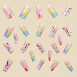 Multicolor Ombre Press on Nails Medium Square QUNQINLI White Fake Nails Nude False Nails Press ons with Polka Dots Design Nail Art Tips Full Cover Artificial Glue on Nails for Women 24 Pcs
