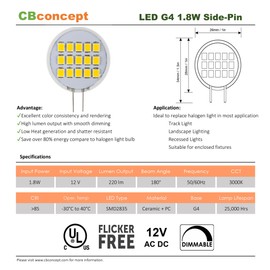 CBconcept UL Listed, SidePin G4 LED Light Bulb, 5 Pack, 1.8 Watt, 220 Lumen, Warm White 3000K, 180 Degree Beam Angle, 12 Volt, 20W Equivalent, G4 Bi Pin Base Halogen Replacement Bulb