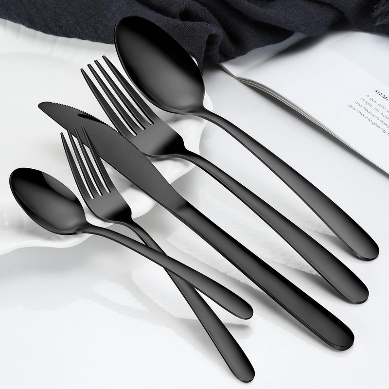 Hunnycook 60-Piece Black Silverware Set for 12, Stainless Steel Cutlery