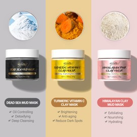 Clay Mask Kit, Turmeric Vitamin C Clay Mask, Dead Sea Mud Mask, Himalayan Clay Mask, Face Masks Set Skincare for Deep Cleansing Refining Pores, Reduce Blackheads Acne & Dark Spots, Oil Control, 3x80g