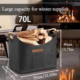 Felt Basket XXL, Wood Basket for Firewood, Firewood Basket with Reinforced Wooden Handle and Gloves, Foldable Felt Bag, Large Firewood Basket for Wood, Newspaper or Firewood, Fire Firewood (55 x 40 x