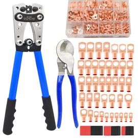 Cable Lug Crimping Tool with 200Pcs Copper Wire Lugs, Battery Cable Lug Crimping Tool Kit for AWG 10-1/0, with Cable Cutter, 220Pcs Heat Shrink Tubing,Battery Terminal Crimper Tool