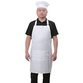Bib Aprons Set for Women and Men, Kitchen Chef Apron with 2 Pockets and 40" Long Ties, Plus Size Adjustable Apron and Hat for Cooking - 32" x 28" - White