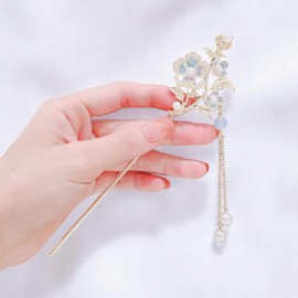KEMMINTVN Ancient Style Elegant Flower Tassel Hairpin, Vintage Floral Hair Pin, Mint Green and Pink Flowers with Pearl Tassel, Chinese Style Hairpin Hair Accessories 2