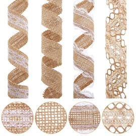 4 Rolls Burlap Ribbon Lace Roll Crafts Ribbon with 32 Feet Twine Rope for Wedding Decorations Party Decor DIY Handmade Crafts, 5.5 Yards for Each Roll