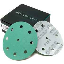 Serious Grit - 5-Inch 9-Hole 120 Grit Sanding Discs - Heavy-Duty Hook & Loop Film Discs - Sandpaper for Random Orbital Sanders - 50 Pack Box