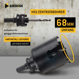 Anvil HM Hole Saw 68 mm | For Chipboard, Hardwood, Plasterboard etc. - Includes Hexagonal Standard Socket