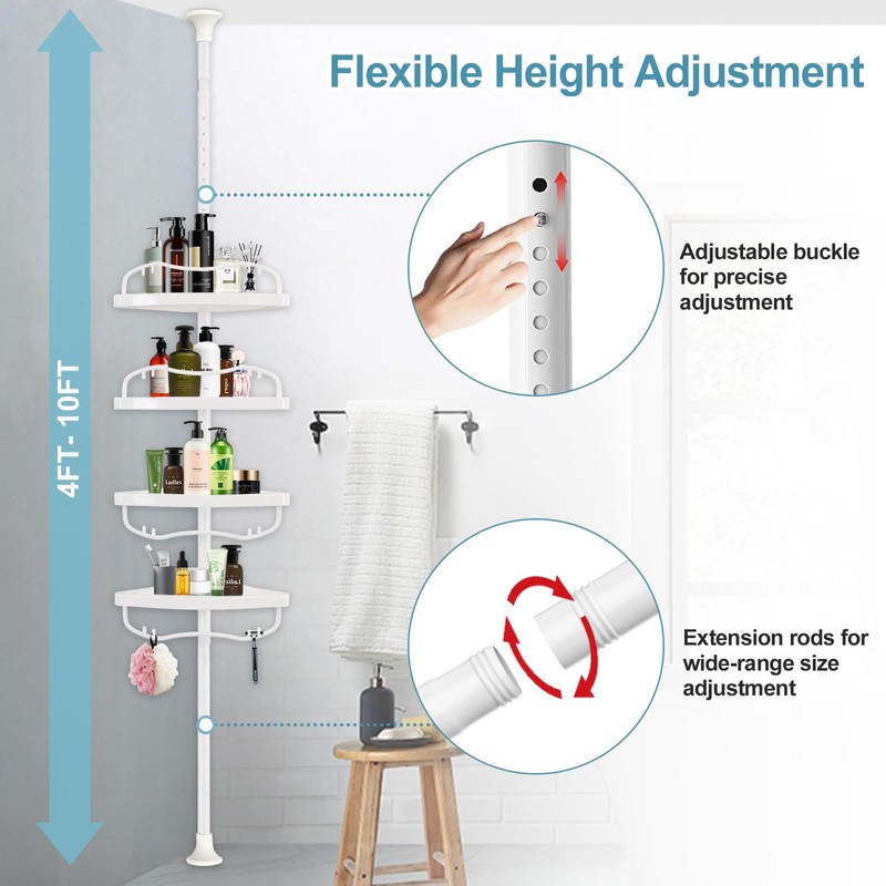 Corner Shower Caddy Tension Pole, Rustproof Bathtub Storage Organizer with