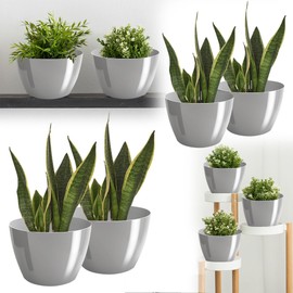 PECZEKO Flower Pot Shiny Plastic Planter Decorative Pot for Large and Small Plants, Set of 2 Flower Pots, Flower Pot Herb Pot, Grey, Diameter 9.5 cm