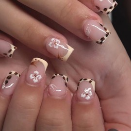 Leopard French Tip Press on Nails Short Square Fake Nails with Flower Print Summer Hibiscus False Nails Press ons,Reusable Artificial Nails Glossy Full Cover Stick on Nails for Women Manicure 24 Pcs