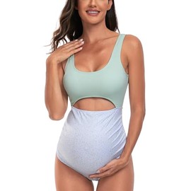 EastElegant Maternity Cutout One Piece Swimwear Ploka Dots Print Pregnancy Bathing Suit, Light Green, Large