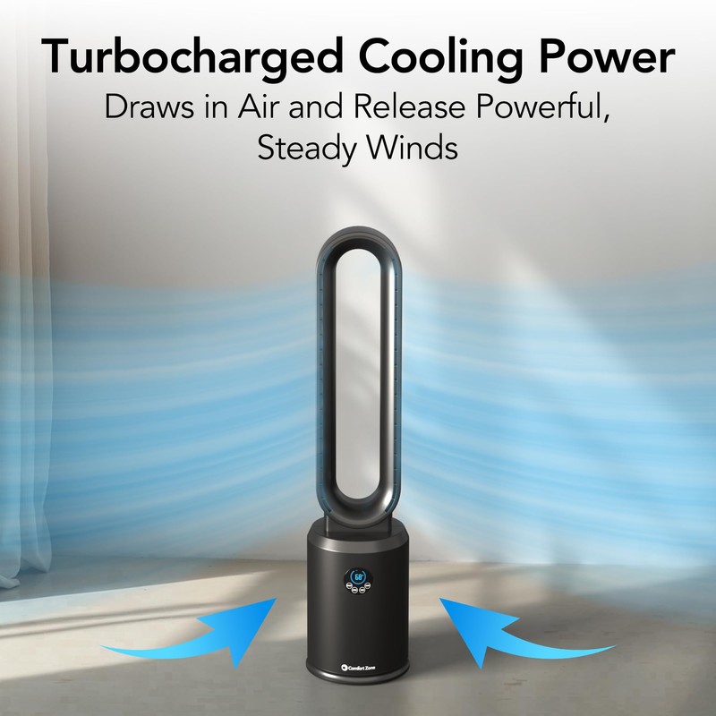 Comfort Zone 40-Inch Bladeless Tower Fan for Bedroom, 3-Speed Stand