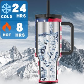 Greatyos 40 oz Tumbler with Handle and Flip Straw Lid - Upgraded Traveler 40oz Tumblers with Lids Straws Vacuum Insulated Leak Proof Stainless Steel Cup Mug Gifts for Men Women Him Her (Flag)