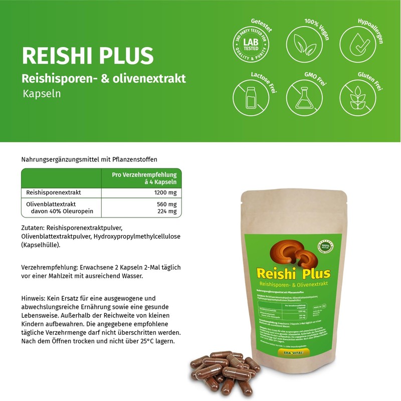 Reishi Sporen Extrakt mit Olivenblatt-Extrakt (40% Oleuropein) Kapseln, Vegan (360