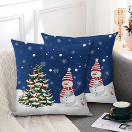 Wsunsal Navy Blue Christmas Pillow Covers 16x16 Set of 2 Farmhouse Snowman Snowflake Xmas Tree Decorative Pillowcase Winter Holiday Square Linen Cushion Covers for Home Bed Couch Sofa Outdoor Decor