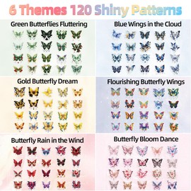 120 Pieces Butterfly Holographic Stickers, 6 Themes Glitter Transparent Stickers, Shiny PET Scrapbook Sticker Set, Waterproof Decals Sticker Decoration Accessories for Art Craft, Journal (Butterfly)