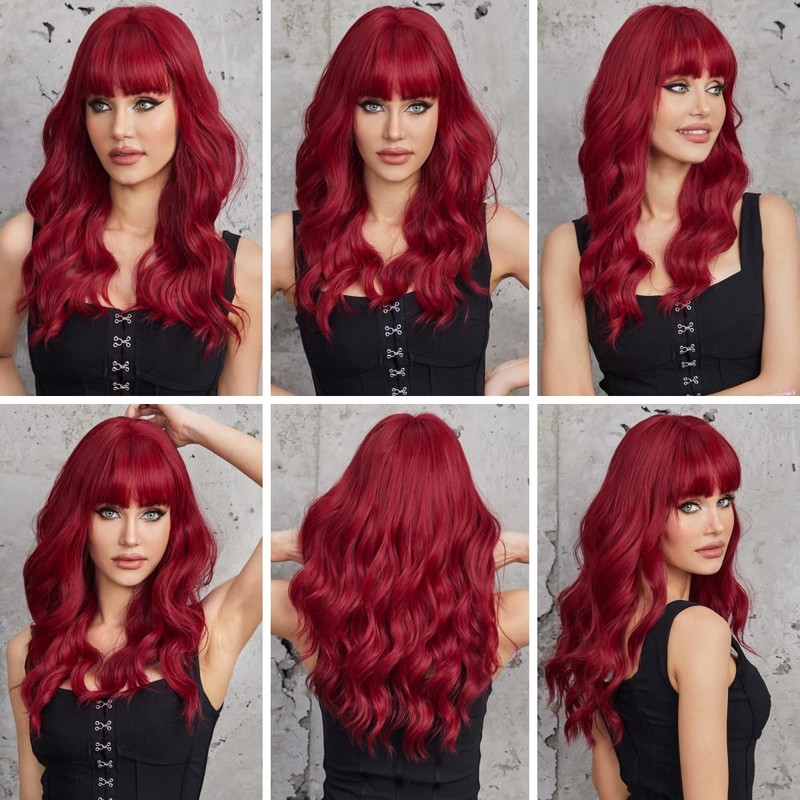 EMMOR EMMOR Red Wigs with Bangs Long Wavy Wig Curly
