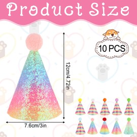 10pcs Glitter Mini Pet Party Hats, Multi-color Dog Party Hats with Sequins, Cute Cat Birthday Hat, Adjustable Stuffed Animals Birthday Party Holiday Hat for Kittens Rabbits Dogs Small Animals Friends