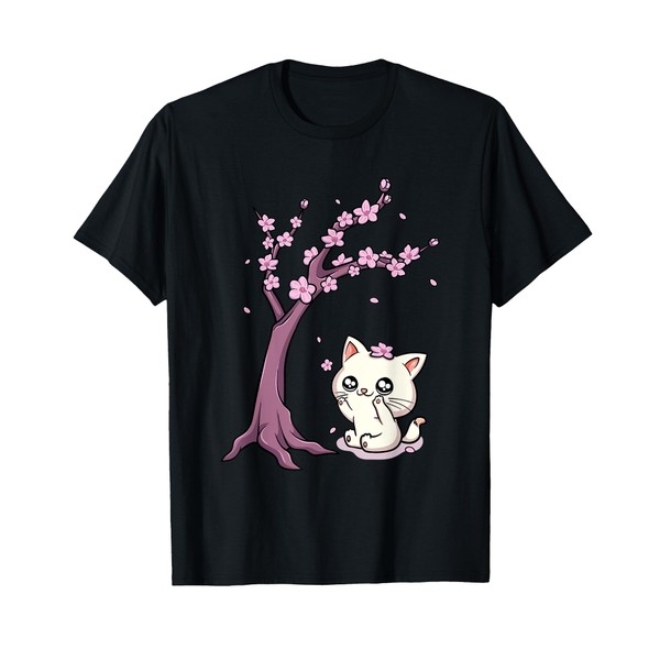 Kawaii Cat Cherry Blossom Anime Kitten Sakura Japanese Art T-Shirt
