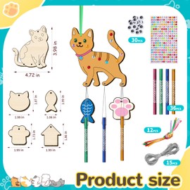 Nourdom Wind Chime Craft Set Children, 12 Pieces Wooden Cats Creative Wind Chime Craft Tones Craft Wooden Toy for Painting for Girls Boys Birthday Gift