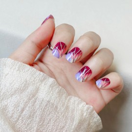 Fantasticlady,Press on nails,Short,glossy,Line grid design,Red&purple,Salon quality,for women(24pce)