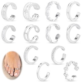 Tyqour Pack of 12 Silver Toe Rings Adjustable Toe Rings for Women Toe Ring Open Toe Rings Summer Beach Foot Jewellery for Women Girls
